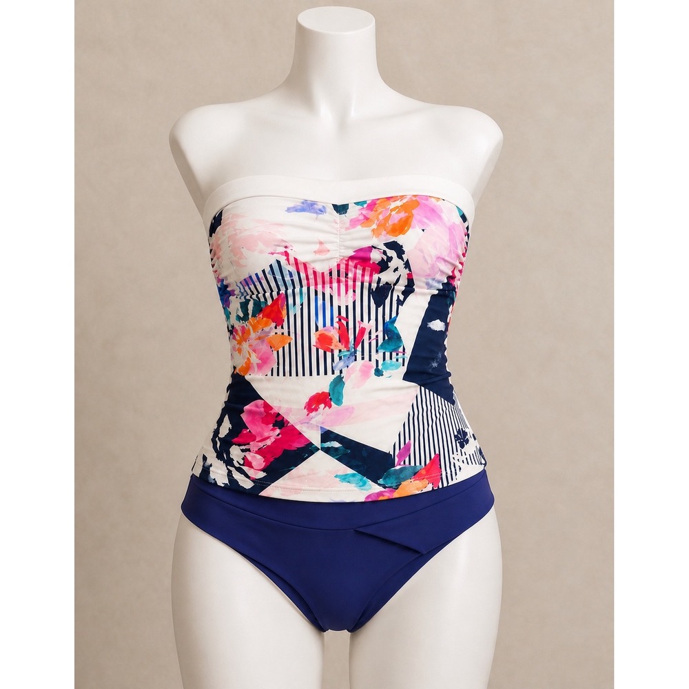 Hapari Floral Geometric Strapless Tankini High Waist Bikini Navy Pink Set Sz M